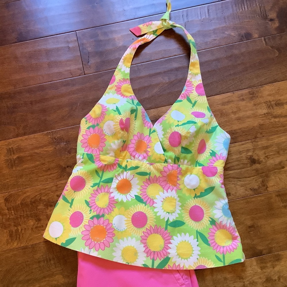 Lilly Pulitzer Yellow Floral Halter Tankini Top with Pink and Green Accents